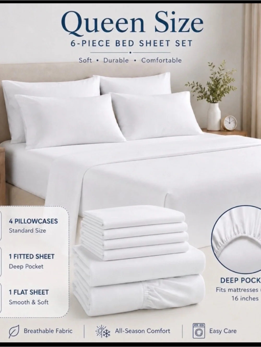 Classic White Queen 6-Piece Sheet Set by